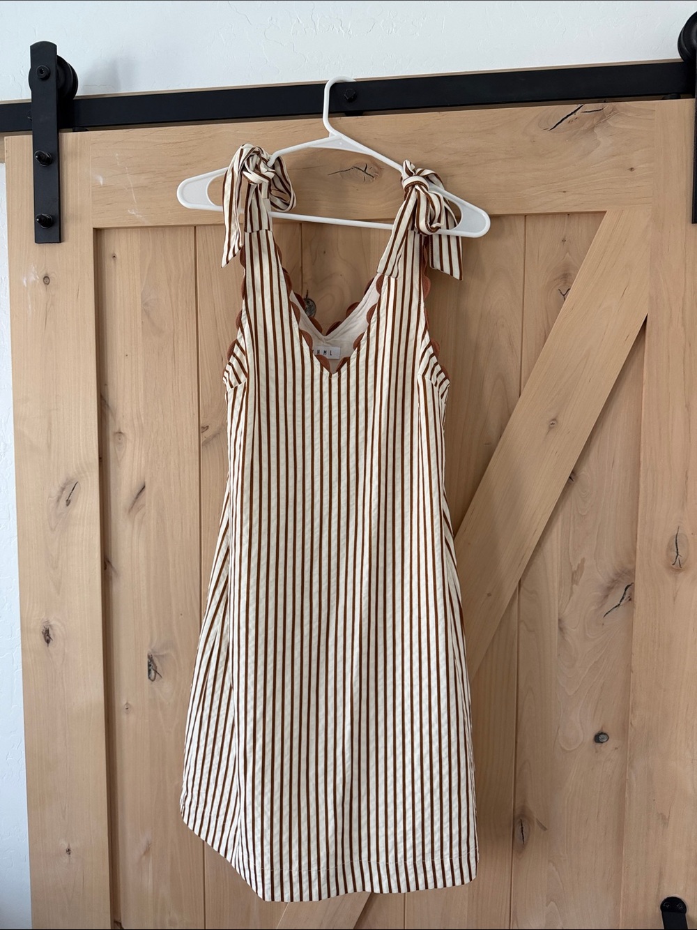 THML Cream Dress with Brown Vertical Stripes and Tie Shoulders